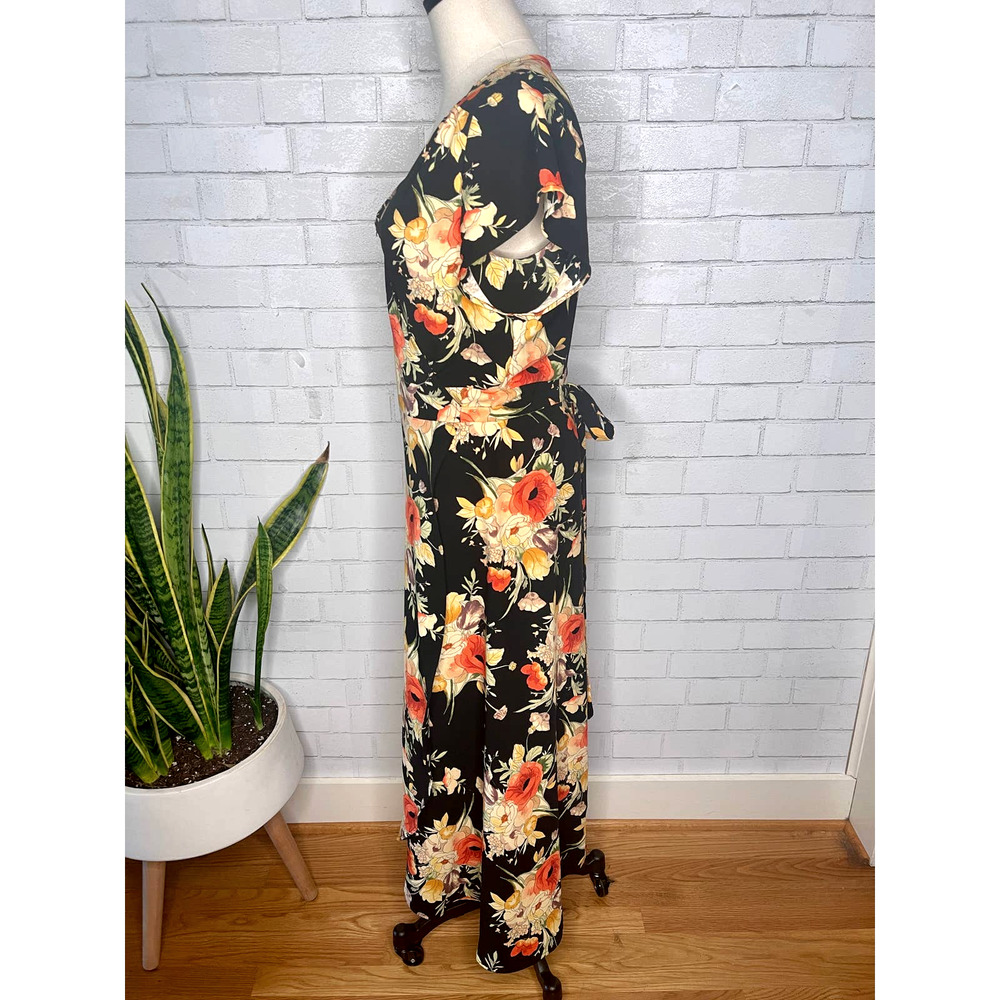 Anthropologie Dark Floral WRAP Midi "Home Spun Romance" Dress Black L 10 12 - Picture 5 of 7